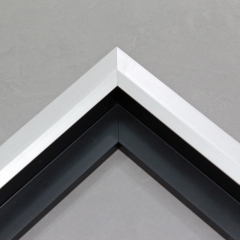 Unique geometric 1 " floater. The face of this molding features an off center peak which gives it a unique contrast in the right lighting.  This frame comes in Matte White with a dull satin finish.